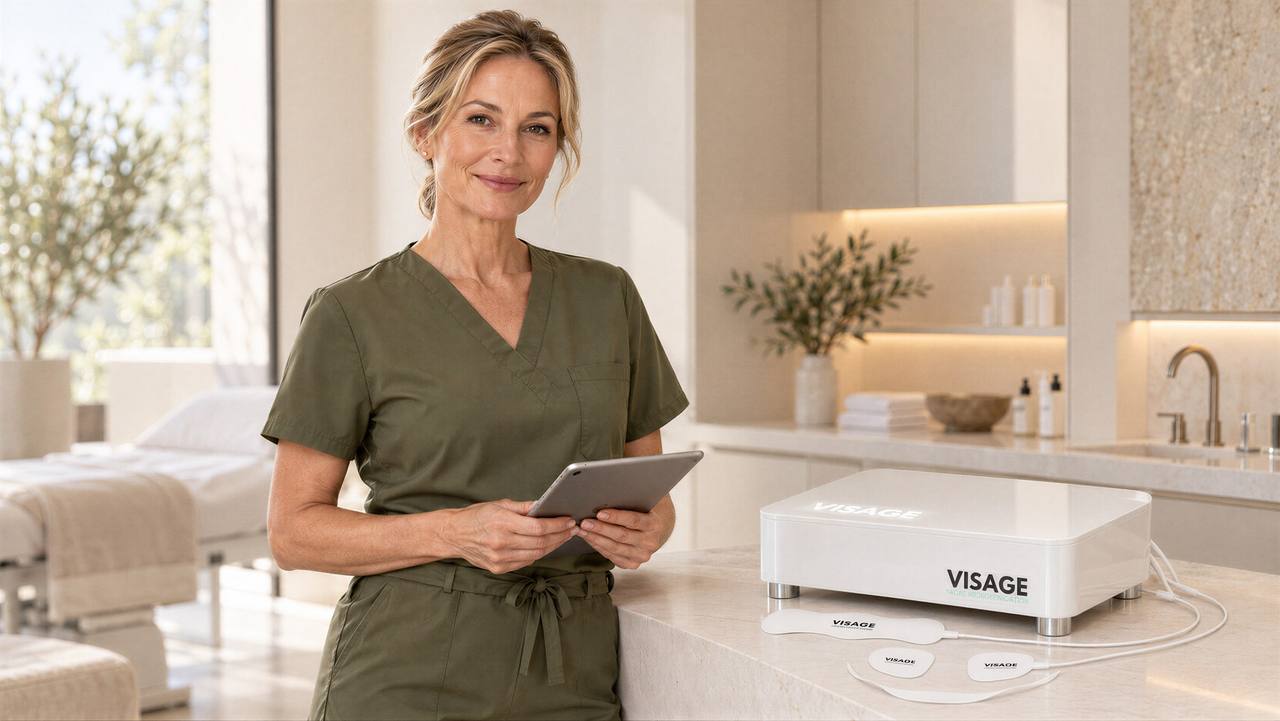 Professional with a tablet in a beauty treatment room next to a client wearing the VISAGE electrodes