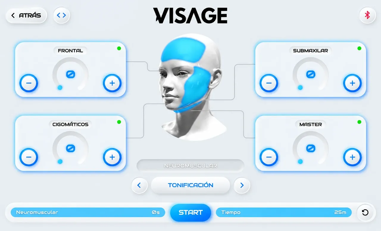 VISAGE software interface on the tablet, controlling the frontal, zygomatic and submaxillary areas